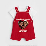 Brother Sister photo printed Dungaree – photo of two children in festive rakhi attire - RED - 0 - 5 Months Old (Chest 18")