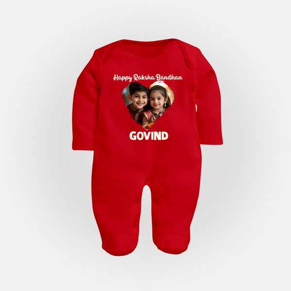 Brother Sister photo printed Fullbody Suit – photo of two children in festive rakhi attire - RED - New Born (Chest 7.5")