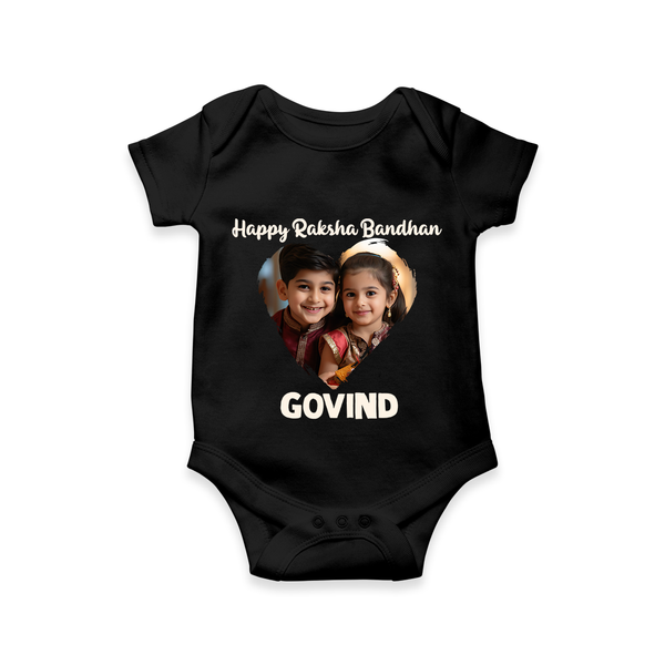 Brother Sister photo printed Romper  – photo of two children in festive rakhi attire - BLACK - New Born (Chest 14")