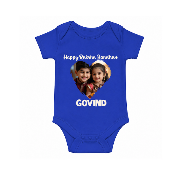 Brother Sister photo printed Romper  – photo of two children in festive rakhi attire - COBALT BLUE - New Born (Chest 14")