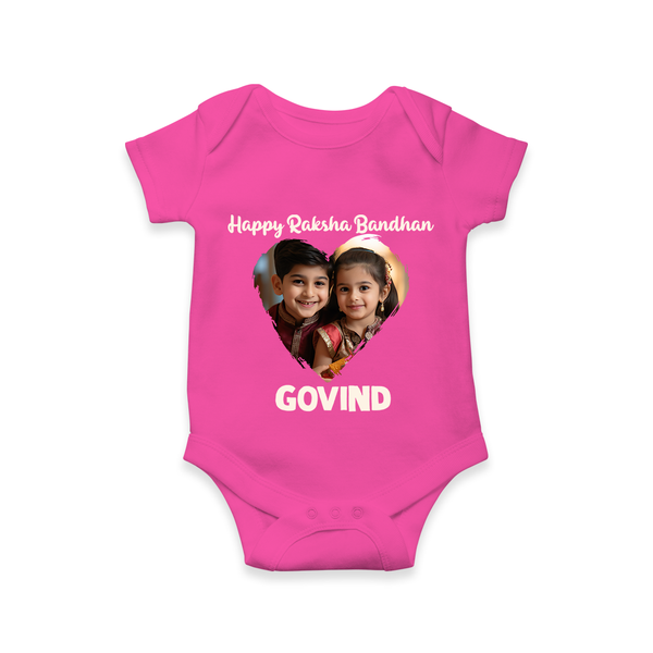 Brother Sister photo printed Romper  – photo of two children in festive rakhi attire - HOT PINK - New Born (Chest 14")