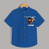 Brother Sister photo printed Shirt – photo of two children in festive rakhi attire - COBALT BLUE - 0 - 6 Months Old (Chest 23")