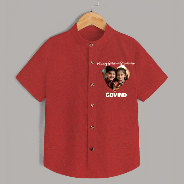 Brother Sister photo printed Shirt – photo of two children in festive rakhi attire - RED - 0 - 6 Months Old (Chest 23")