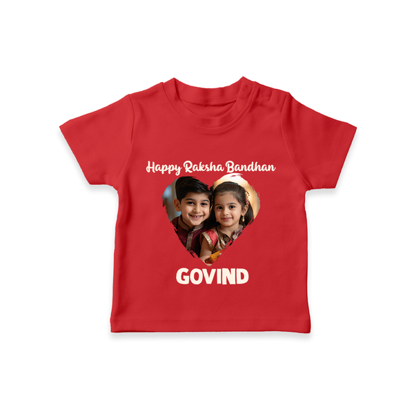 Brother Sister photo printed TShirt – photo of two children in festive rakhi attire - RED - 0-5 Months Old (Chest 17")