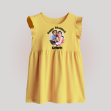 Rakhi Celebration Photo Print Baby Frock– photo of two children in festive rakhi attire. - PASTEL YELLOW - 0 - 3 Months Old (Chest 17")