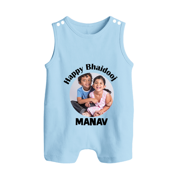 Rakhi Celebration Photo Print Button Romper– photo of two children in festive rakhi attire. - BABY BLUE - New Born (Chest 18")
