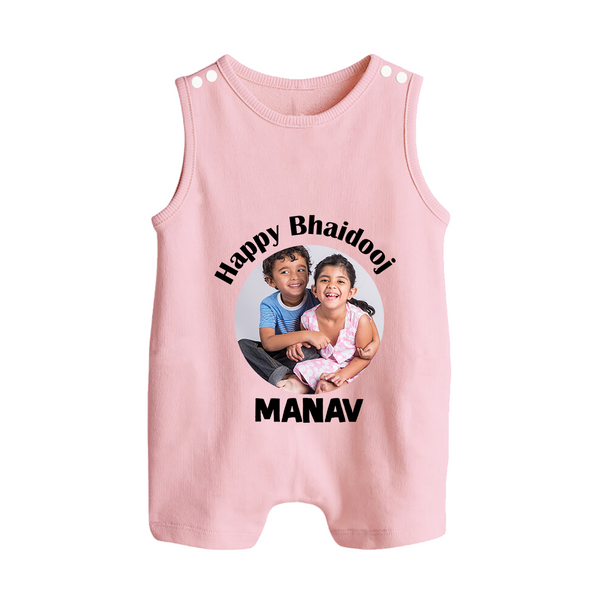 Rakhi Celebration Photo Print Button Romper– photo of two children in festive rakhi attire. - BABY PINK - New Born (Chest 18")