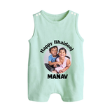Rakhi Celebration Photo Print Button Romper– photo of two children in festive rakhi attire. - MINT GREEN - New Born (Chest 18")