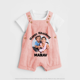 Rakhi Celebration Photo Print Dungaree– photo of two children in festive rakhi attire. - PEACH - 0 - 5 Months Old (Chest 18")