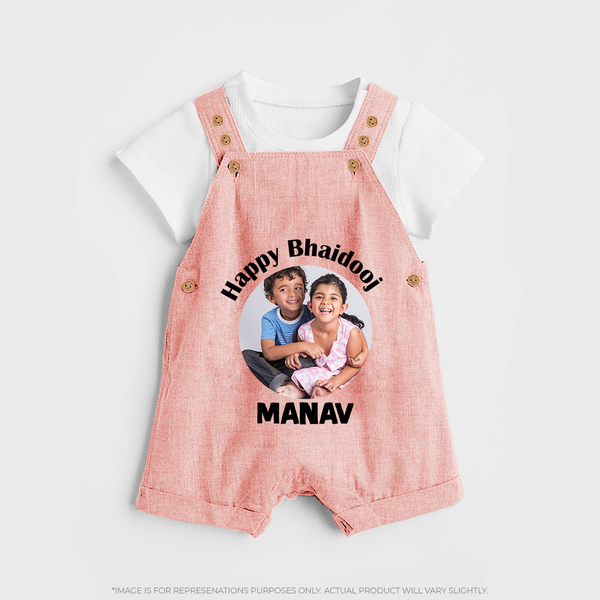 Rakhi Celebration Photo Print Dungaree– photo of two children in festive rakhi attire. - PEACH - 0 - 5 Months Old (Chest 18")