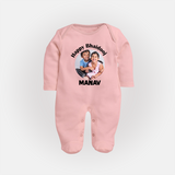 Rakhi Celebration Photo Print Fullbody Suit– photo of two children in festive rakhi attire. - BABY PINK - New Born (Chest 7.5")