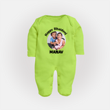 Rakhi Celebration Photo Print Fullbody Suit– photo of two children in festive rakhi attire. - LIME GREEN - New Born (Chest 7.5")