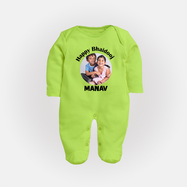 Rakhi Celebration Photo Print Fullbody Suit– photo of two children in festive rakhi attire. - LIME GREEN - New Born (Chest 7.5")