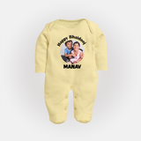 Rakhi Celebration Photo Print Fullbody Suit– photo of two children in festive rakhi attire. - PASTEL YELLOW - New Born (Chest 7.5")