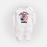 Rakhi Celebration Photo Print Fullbody Suit– photo of two children in festive rakhi attire. - WHITE - New Born (Chest 7.5")