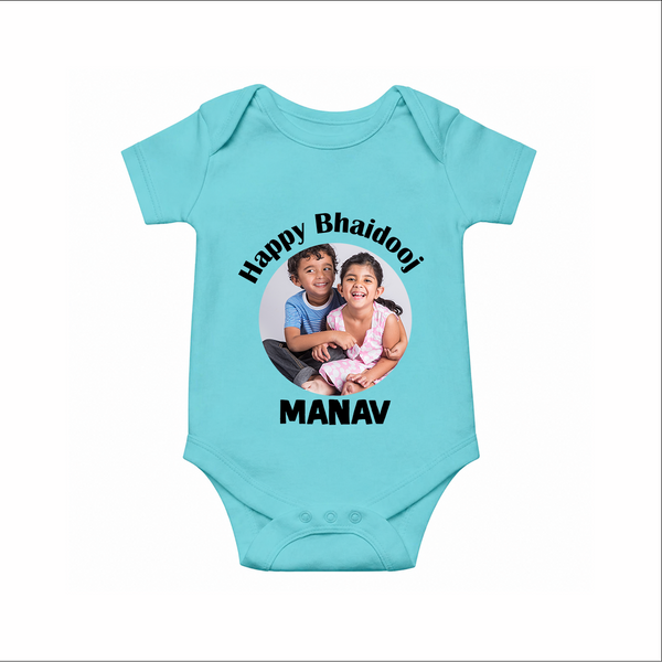 Rakhi Celebration Photo Print Romper – photo of two children in festive rakhi attire. - ARCTIC BLUE - New Born (Chest 14")