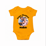 Rakhi Celebration Photo Print Romper – photo of two children in festive rakhi attire. - CHROME YELLOW - New Born (Chest 14")