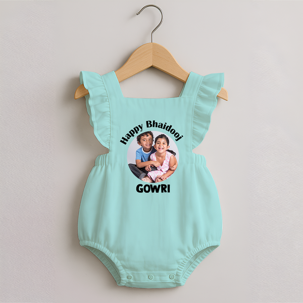 Rakhi Celebration Photo Print Romper Frock– photo of two children in festive rakhi attire. - MINT GREEN - 0 - 3 Months Old (Chest 19")