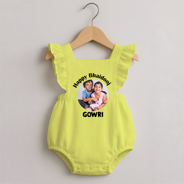 Rakhi Celebration Photo Print Romper Frock– photo of two children in festive rakhi attire. - PASTEL YELLOW - 0 - 3 Months Old (Chest 19")