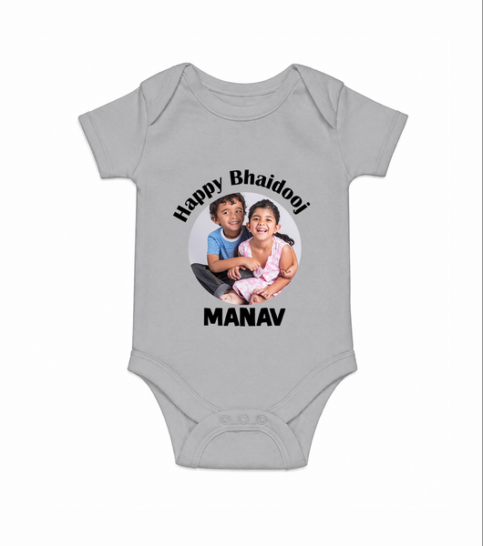 Rakhi Celebration Photo Print Romper – photo of two children in festive rakhi attire. - GREY - New Born (Chest 14")