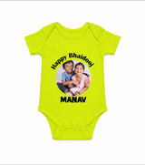 Rakhi Celebration Photo Print Romper – photo of two children in festive rakhi attire. - LIME GREEN - New Born (Chest 14")