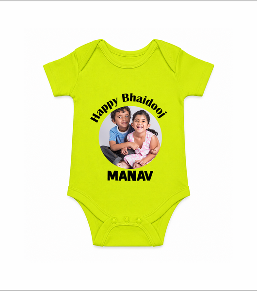 Rakhi Celebration Photo Print Romper – photo of two children in festive rakhi attire. - LIME GREEN - New Born (Chest 14")