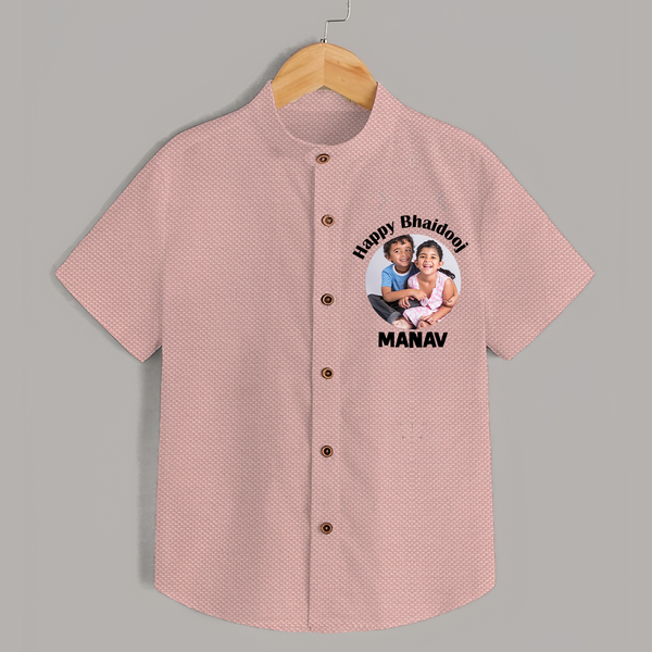 Rakhi Celebration Photo Print Shirt– photo of two children in festive rakhi attire. - PEACH - 0 - 6 Months Old (Chest 23")