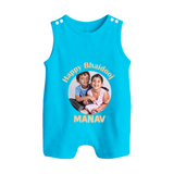 Rakhi Celebration Photo Print Button Romper– photo of two children in festive rakhi attire. - SKY BLUE - New Born (Chest 18")