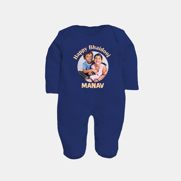 Rakhi Celebration Photo Print Fullbody Suit– photo of two children in festive rakhi attire. - NAVY BLUE - New Born (Chest 7.5")