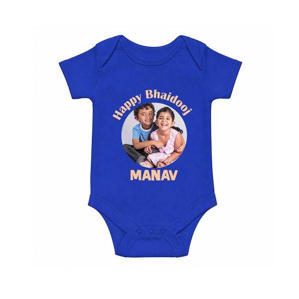 Rakhi Celebration Photo Print Romper – photo of two children in festive rakhi attire. - COBALT BLUE - New Born (Chest 14")