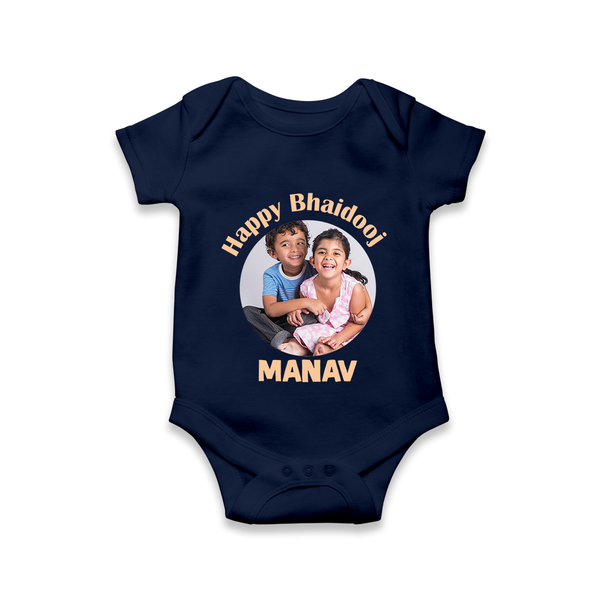 Rakhi Celebration Photo Print Romper – photo of two children in festive rakhi attire. - NAVY BLUE - New Born (Chest 14")