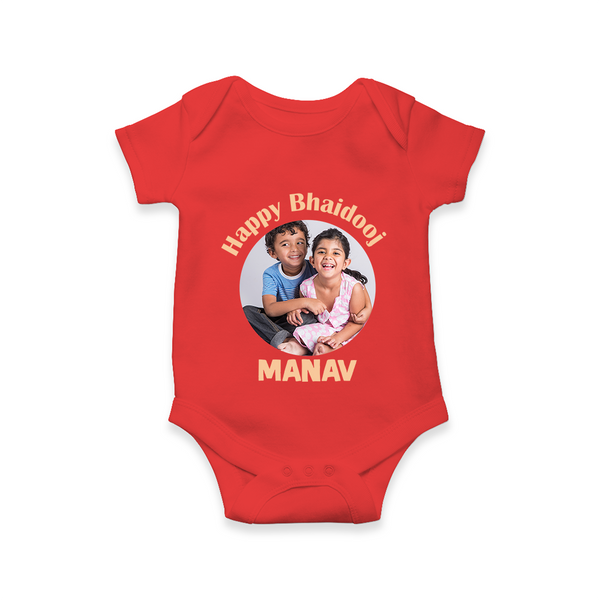 Rakhi Celebration Photo Print Romper – photo of two children in festive rakhi attire. - RED - New Born (Chest 14")