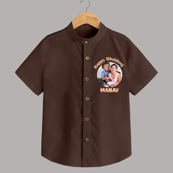 Rakhi Celebration Photo Print Shirt– photo of two children in festive rakhi attire. - CHOCOLATE BROWN - 0 - 6 Months Old (Chest 23")