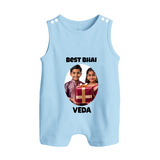Pamper Me with Gift Rakhi Print Button Romper – brother-sister gift giving illustration. - BABY BLUE - New Born (Chest 18")