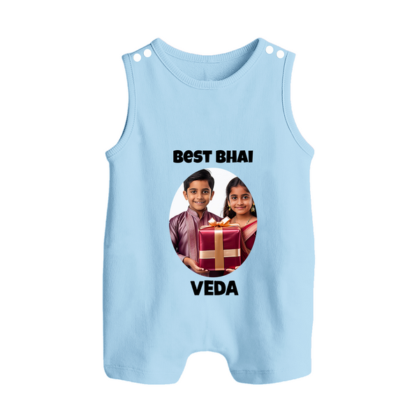 Pamper Me with Gift Rakhi Print Button Romper – brother-sister gift giving illustration. - BABY BLUE - New Born (Chest 18")