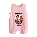 Pamper Me with Gift Rakhi Print Button Romper – brother-sister gift giving illustration. - BABY PINK - New Born (Chest 18")