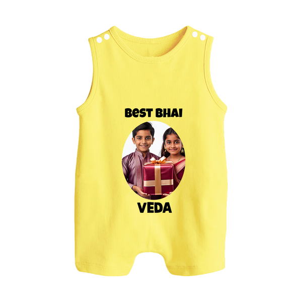 Pamper Me with Gift Rakhi Print Button Romper – brother-sister gift giving illustration. - PASTEL YELLOW - New Born (Chest 18")