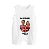 Pamper Me with Gift Rakhi Print Button Romper – brother-sister gift giving illustration. - WHITE - New Born (Chest 18")