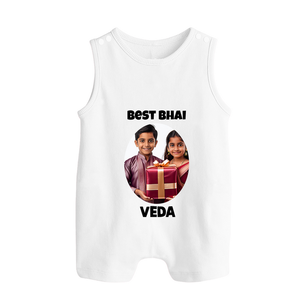 Pamper Me with Gift Rakhi Print Button Romper – brother-sister gift giving illustration. - WHITE - New Born (Chest 18")