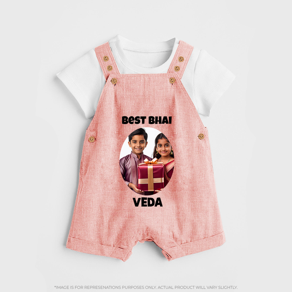 Pamper Me with Gift Rakhi Print Dungaree – brother-sister gift giving illustration. - PEACH - 0 - 5 Months Old (Chest 18")