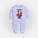 Pamper Me with Gift Rakhi Print Fullbody Suit – brother-sister gift giving illustration. - BABY BLUE - New Born (Chest 7.5")