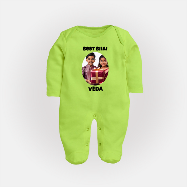 Pamper Me with Gift Rakhi Print Fullbody Suit – brother-sister gift giving illustration. - LIME GREEN - New Born (Chest 7.5")