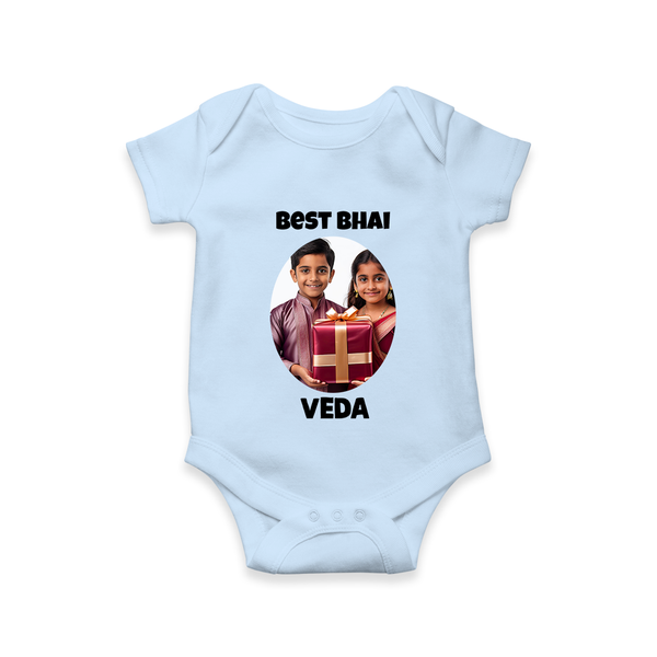Pamper Me with Gift Rakhi Print Romper  – brother-sister gift giving illustration. - BABY BLUE - New Born (Chest 14")
