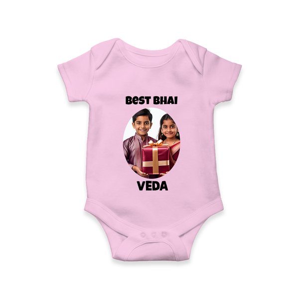 Pamper Me with Gift Rakhi Print Romper  – brother-sister gift giving illustration. - BABY PINK - New Born (Chest 14")