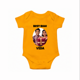 Pamper Me with Gift Rakhi Print Romper  – brother-sister gift giving illustration. - CHROME YELLOW - New Born (Chest 14")