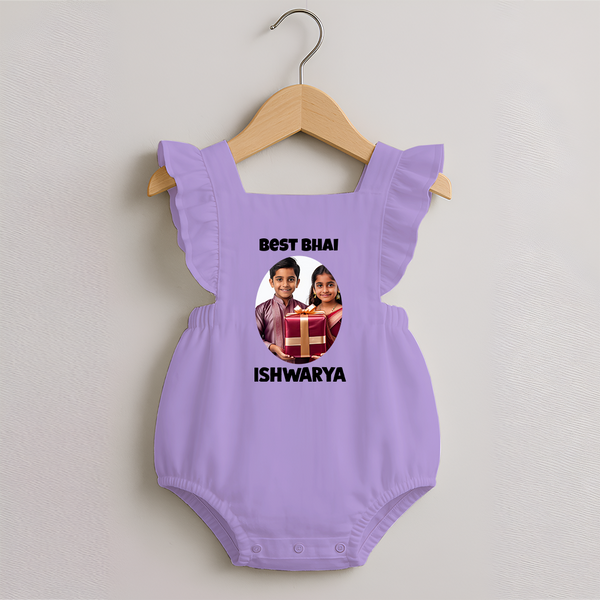 Pamper Me with Gift Rakhi Print Romper Frock – brother-sister gift giving illustration. - LILAC - 0 - 3 Months Old (Chest 19")