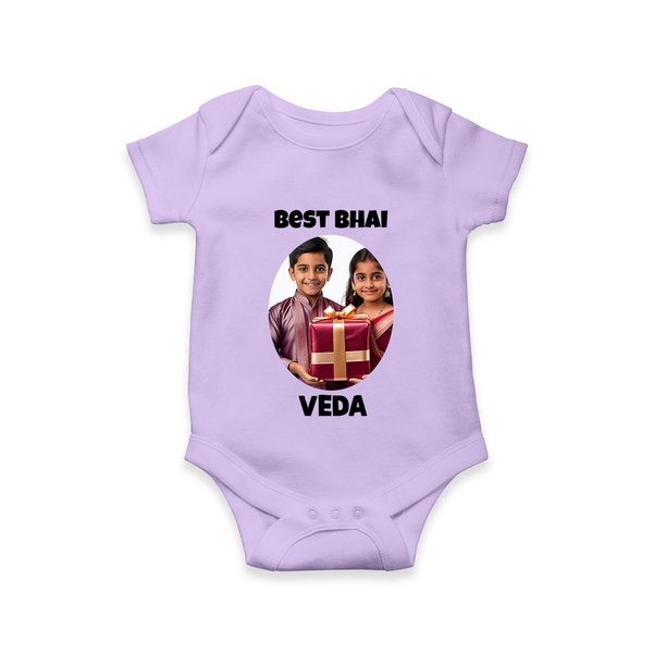 Pamper Me with Gift Rakhi Print Romper  – brother-sister gift giving illustration. - LILAC - New Born (Chest 14")