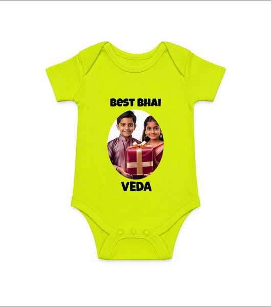 Pamper Me with Gift Rakhi Print Romper  – brother-sister gift giving illustration. - LIME GREEN - New Born (Chest 14")