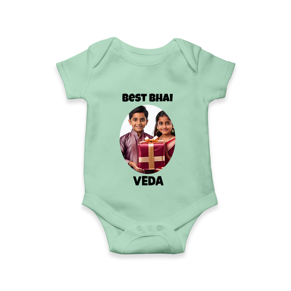 Pamper Me with Gift Rakhi Print Romper  – brother-sister gift giving illustration. - MINT GREEN - New Born (Chest 14")