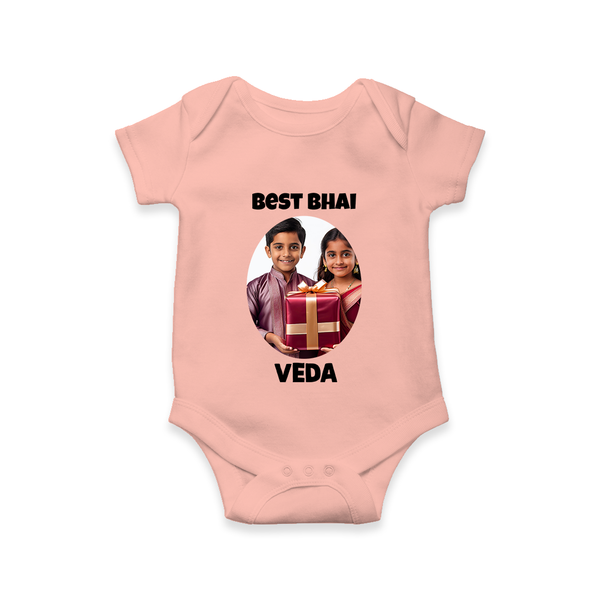Pamper Me with Gift Rakhi Print Romper  – brother-sister gift giving illustration. - PEACH - New Born (Chest 14")